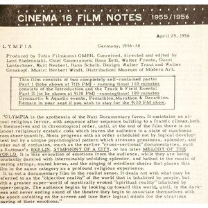 1956 Cinema 16 Film Notes Olympia Riefenstahl WW2 Germany Doc Original C99